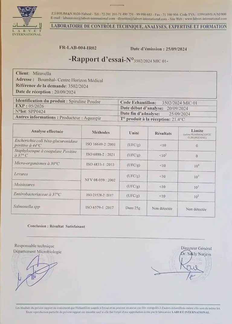 Bulletin d'analyse du produit final-Spiruline poudre